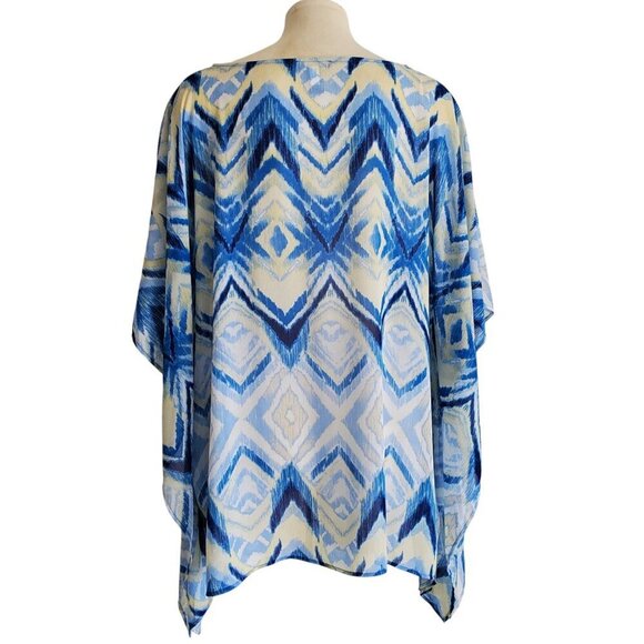 Chico’s Printed Crepe Poncho Top Abstract Tribal Blue Yellow Size Medium - Picture 5 of 12